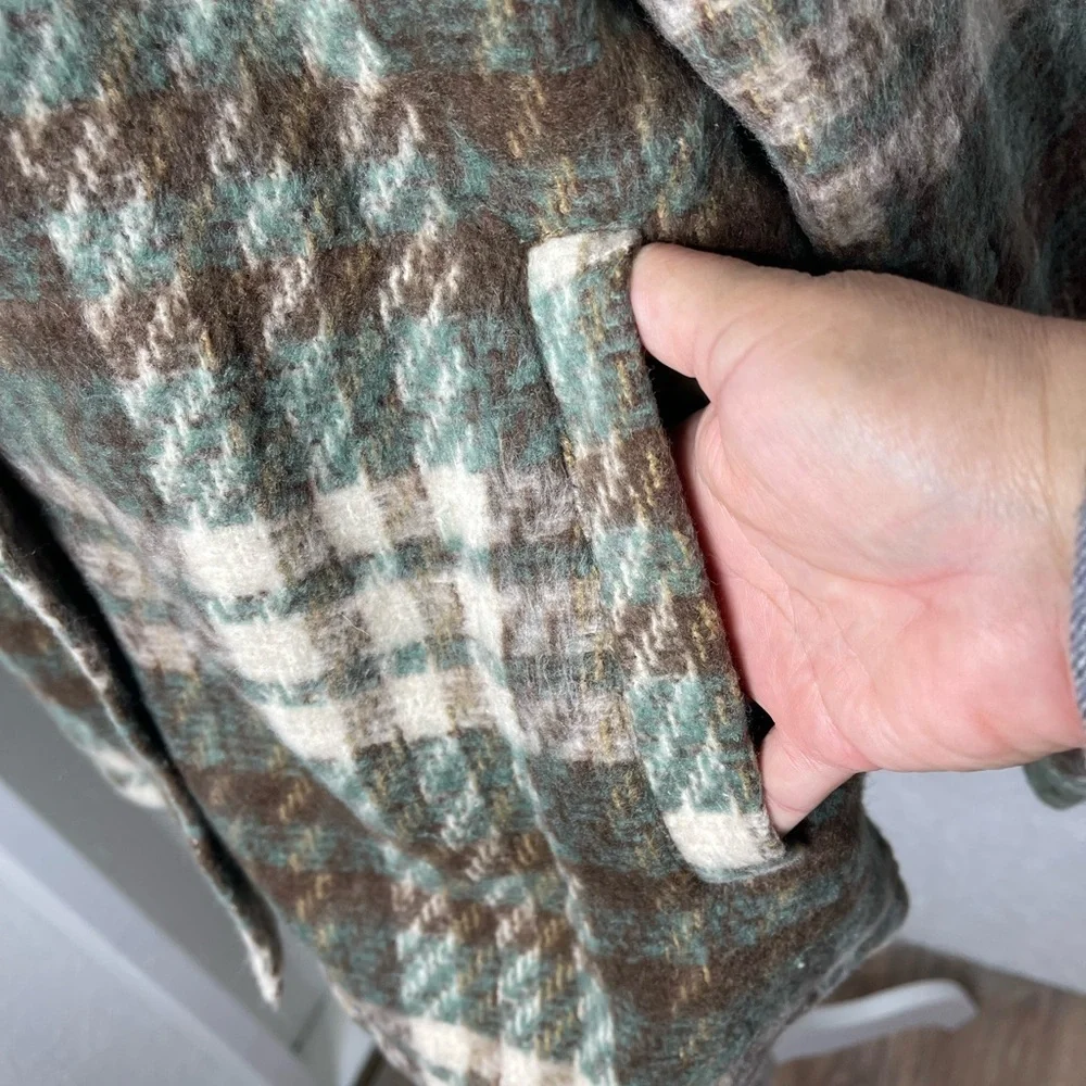 Plaid Women's Jacket in Green Brown Button Up Pockets Fall Woods Cozy Size XL